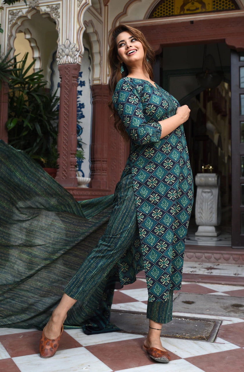 Jyoti Fashion Bottle Green Rayon Printed Designer Kurta Set With Dupatta