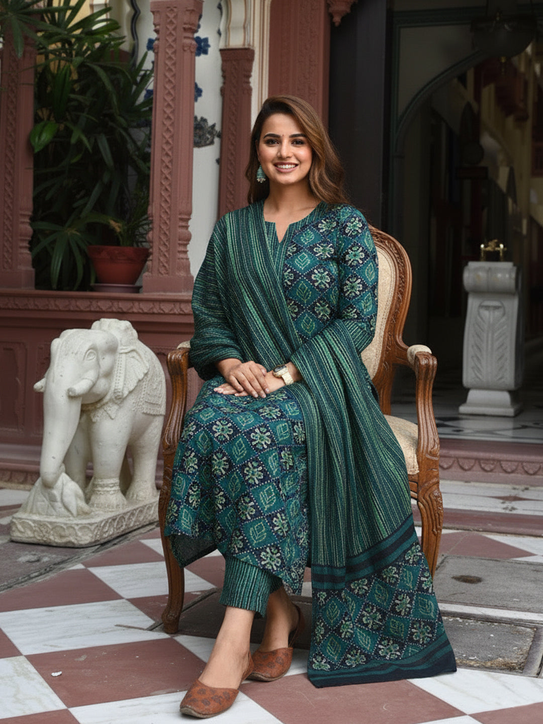 Jyoti Fashion Bottle Green Rayon Printed Designer Kurta Set With Dupatta