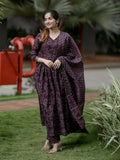 Wine-colored straight rayon kurta with printed patterns and matching dupatta