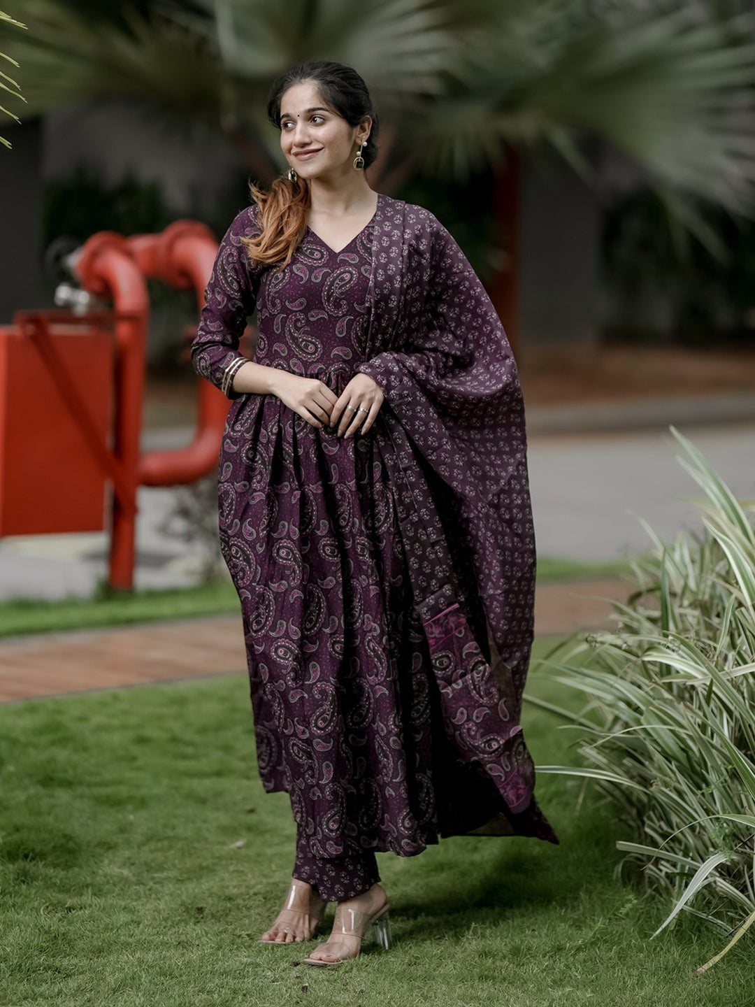 Jyoti Fashion Wine Rayon Printed Designer Kurta Set With Dupatta