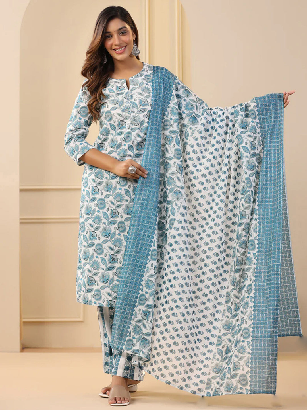White rayon printed designer kurta set with matching dupatta featuring pan neck and straight fit