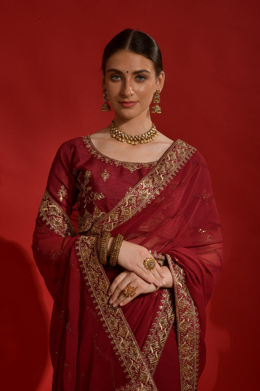 Jyoti Fashion Women's Maroon Sequence Coding Embroidery Georgette Saree with Blouse