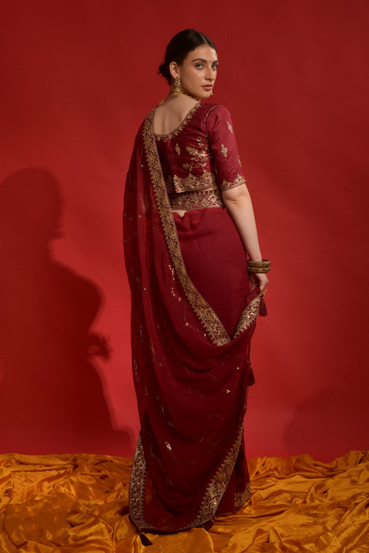 Jyoti Fashion Women's Maroon Sequence Coding Embroidery Georgette Saree with Blouse
