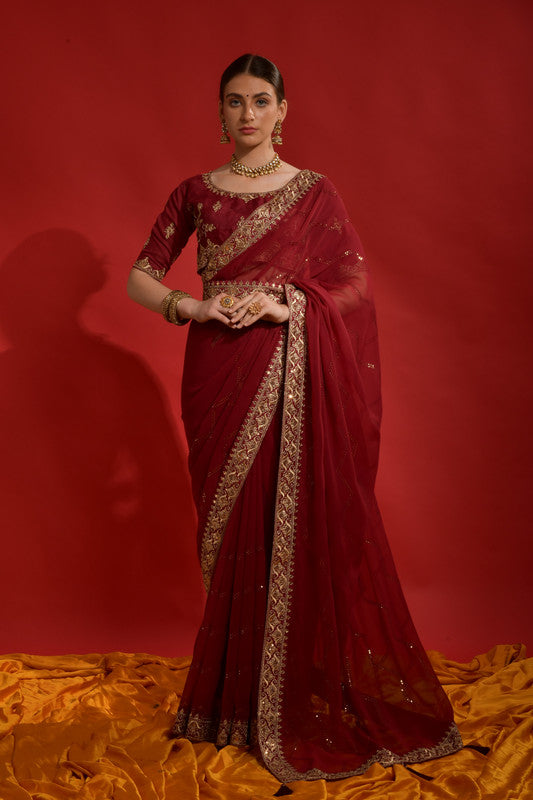 Jyoti Fashion Women's Maroon Sequence Coding Embroidery Georgette Saree with Blouse