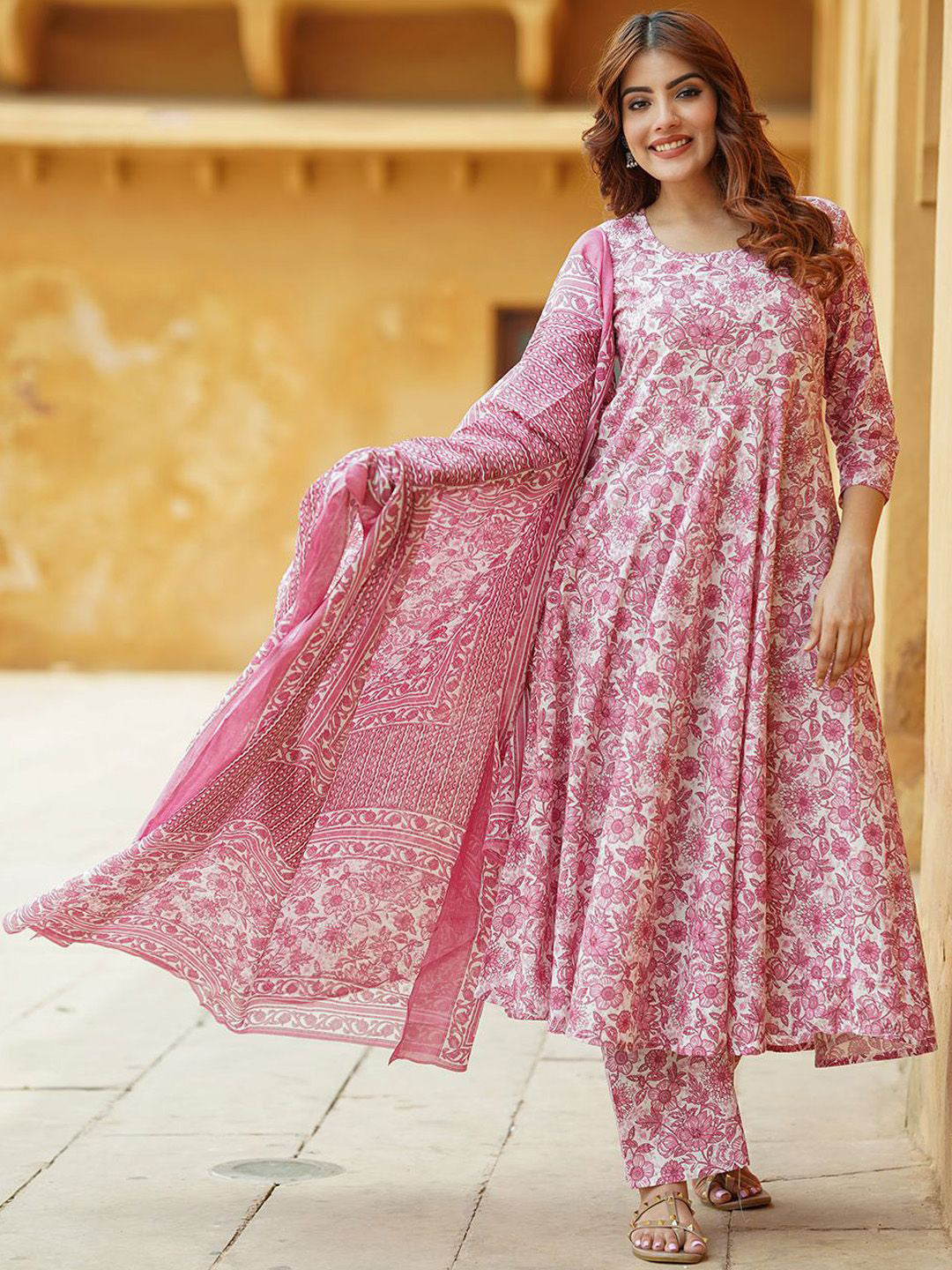Baby pink rayon printed kurta set with matching dupatta for children