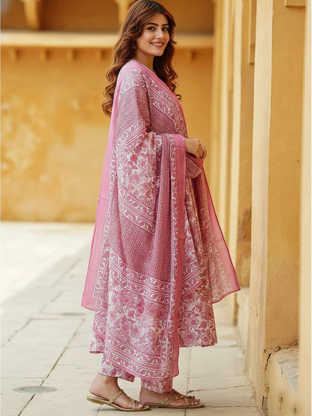 Baby Pink Rayon Printed Designer Kurta Set with Dupatta