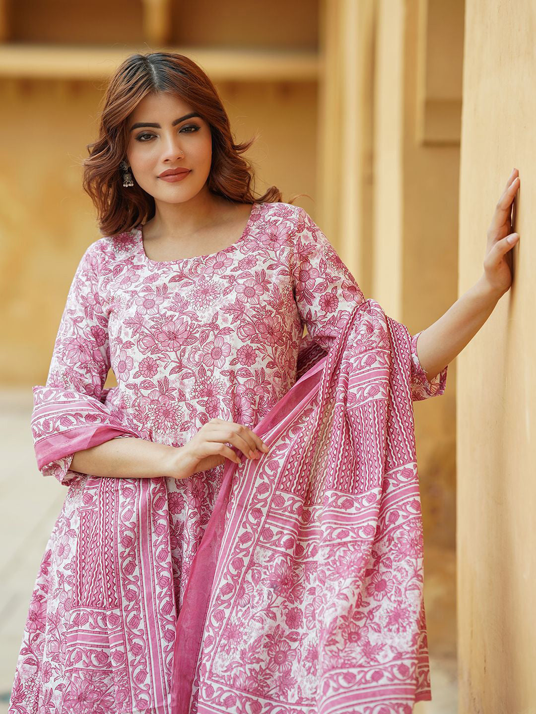 Baby Pink Rayon Printed Designer Kurta Set with Dupatta