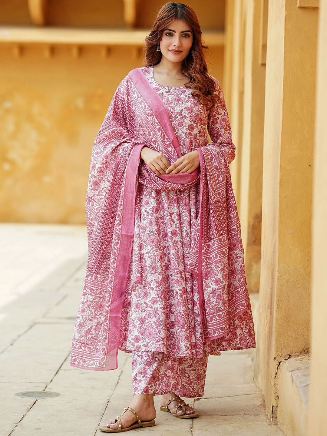Baby Pink Rayon Printed Designer Kurta Set with Dupatta