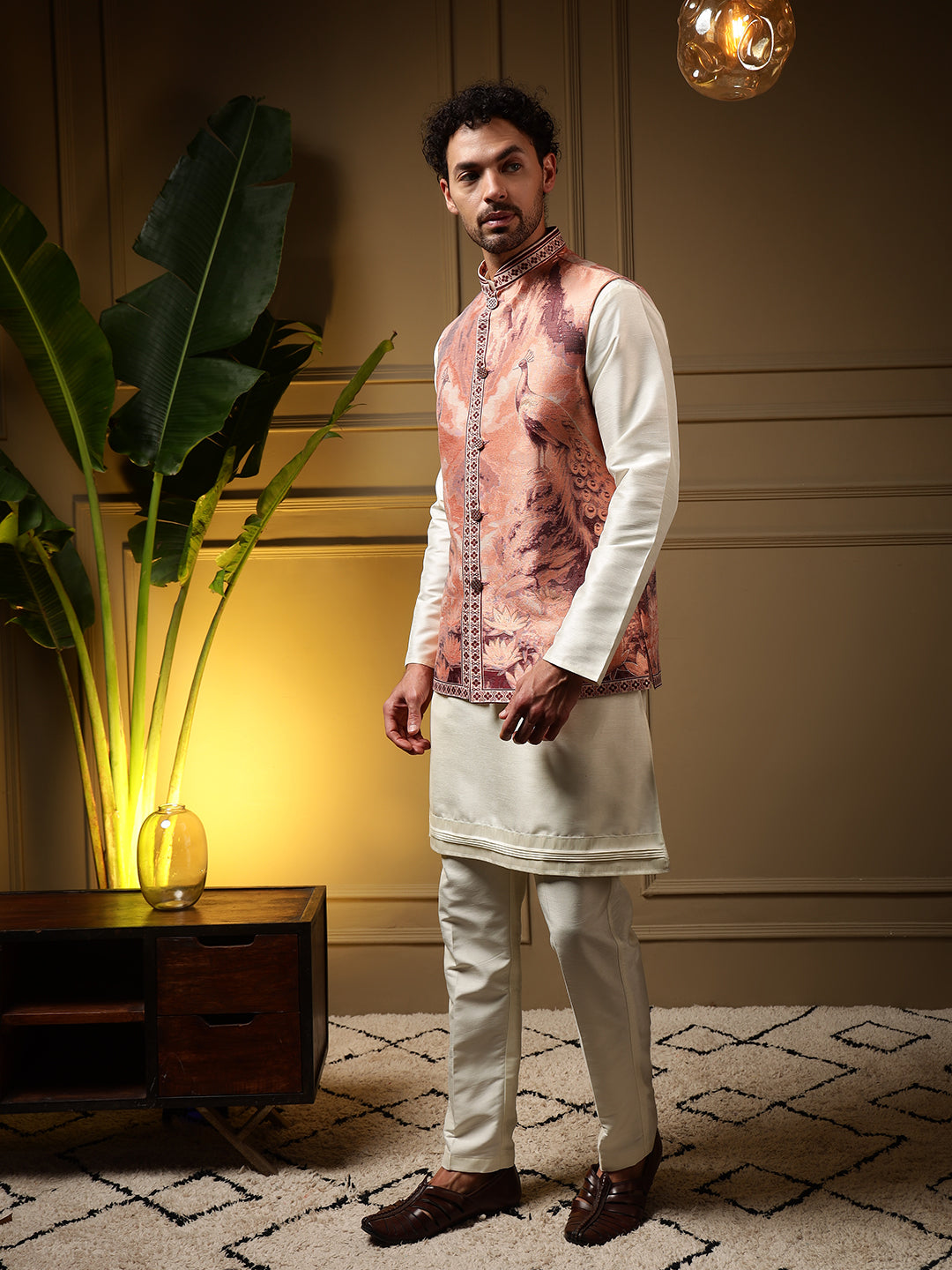 Peach Slub Silk Jacquard 3D Weaving Kurta Set with Koti