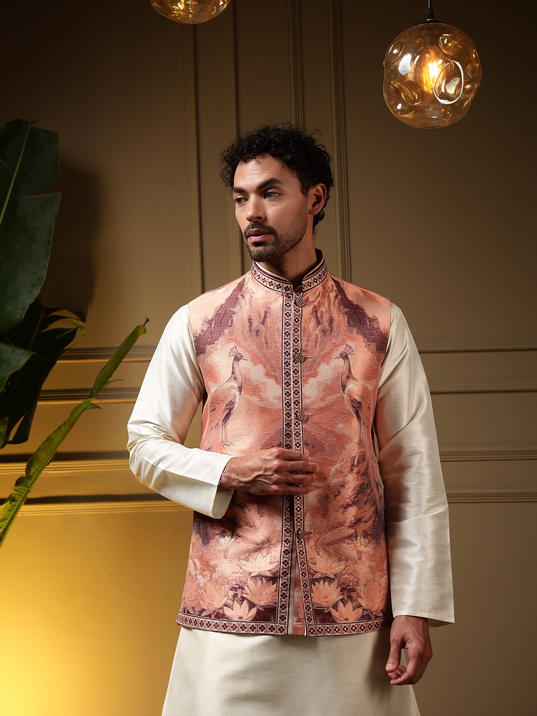 Peach Slub Silk Jacquard 3D Weaving Kurta Set with Koti