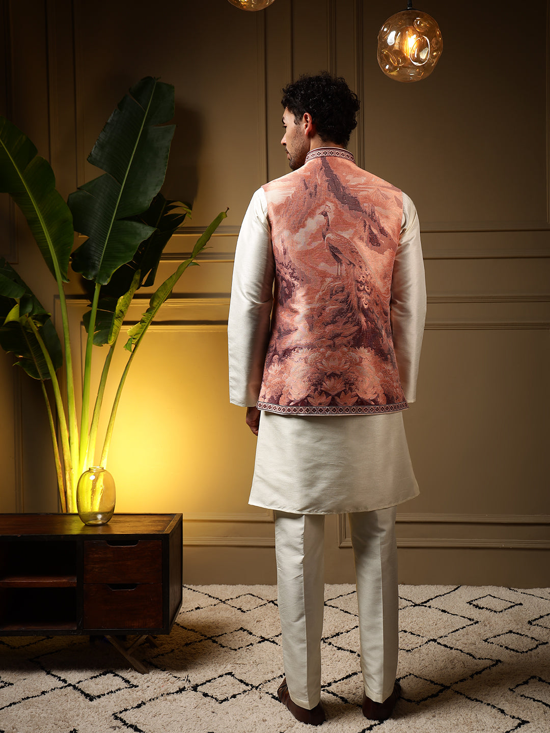 Peach Slub Silk Jacquard 3D Weaving Kurta Set with Koti