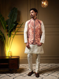 Men's Peach Slub Silk Jacquard Kurta with Koti, knee length, straight fit