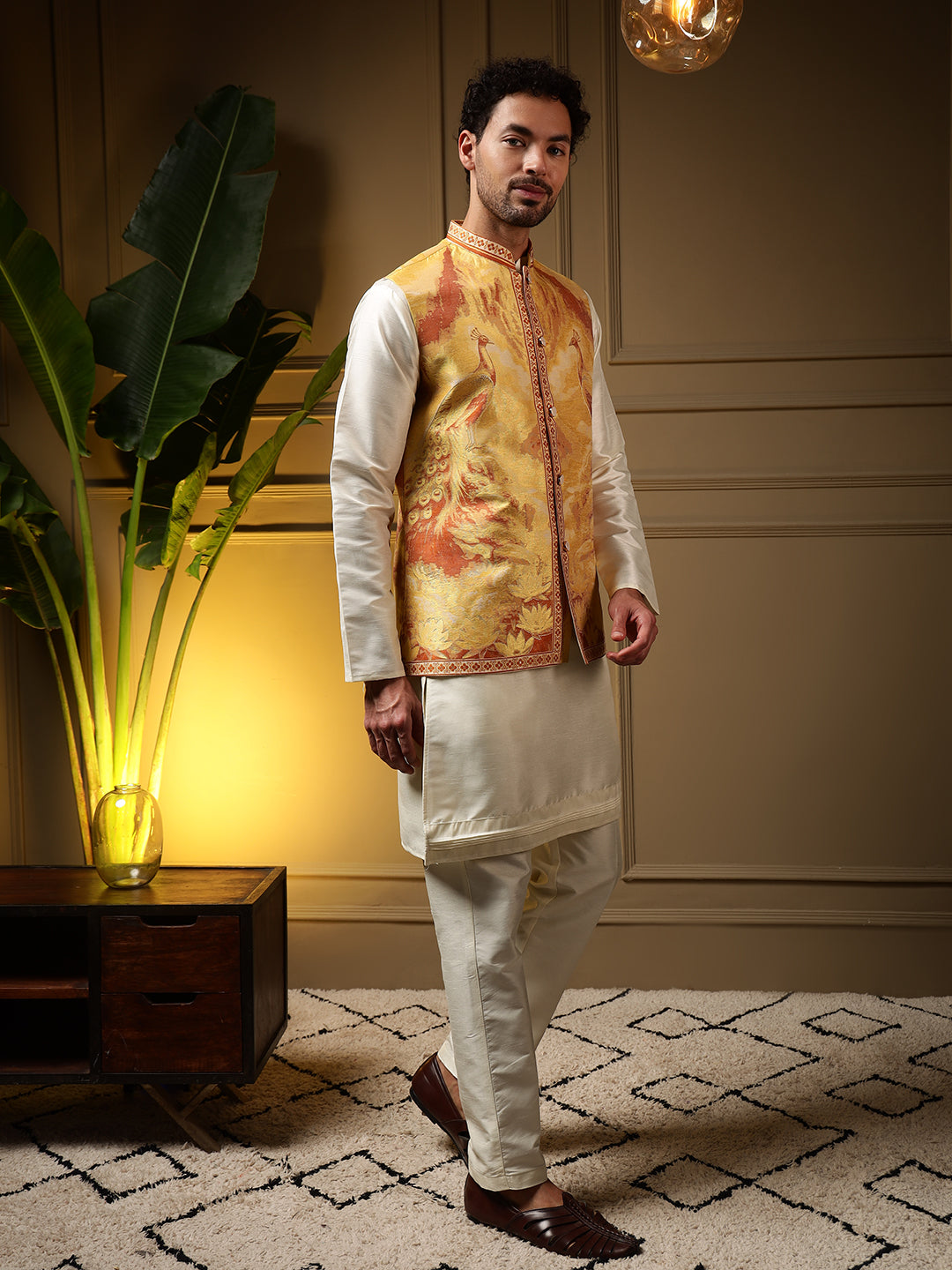 Men's Yellow Slub Silk Jacquard 3D Weaving Kurta Set with Koti
