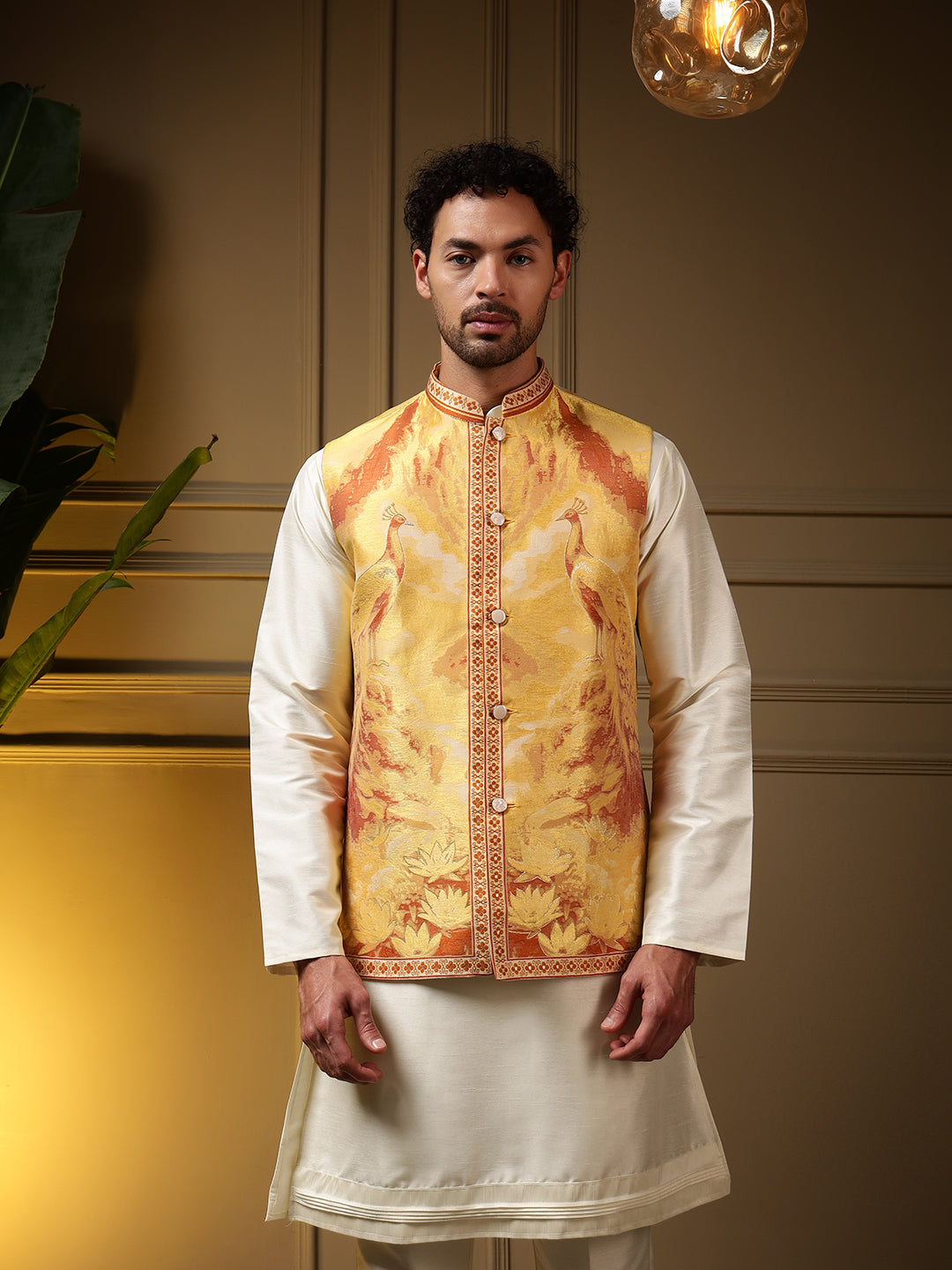 Men's Yellow Slub Silk Jacquard 3D Weaving Kurta Set with Koti