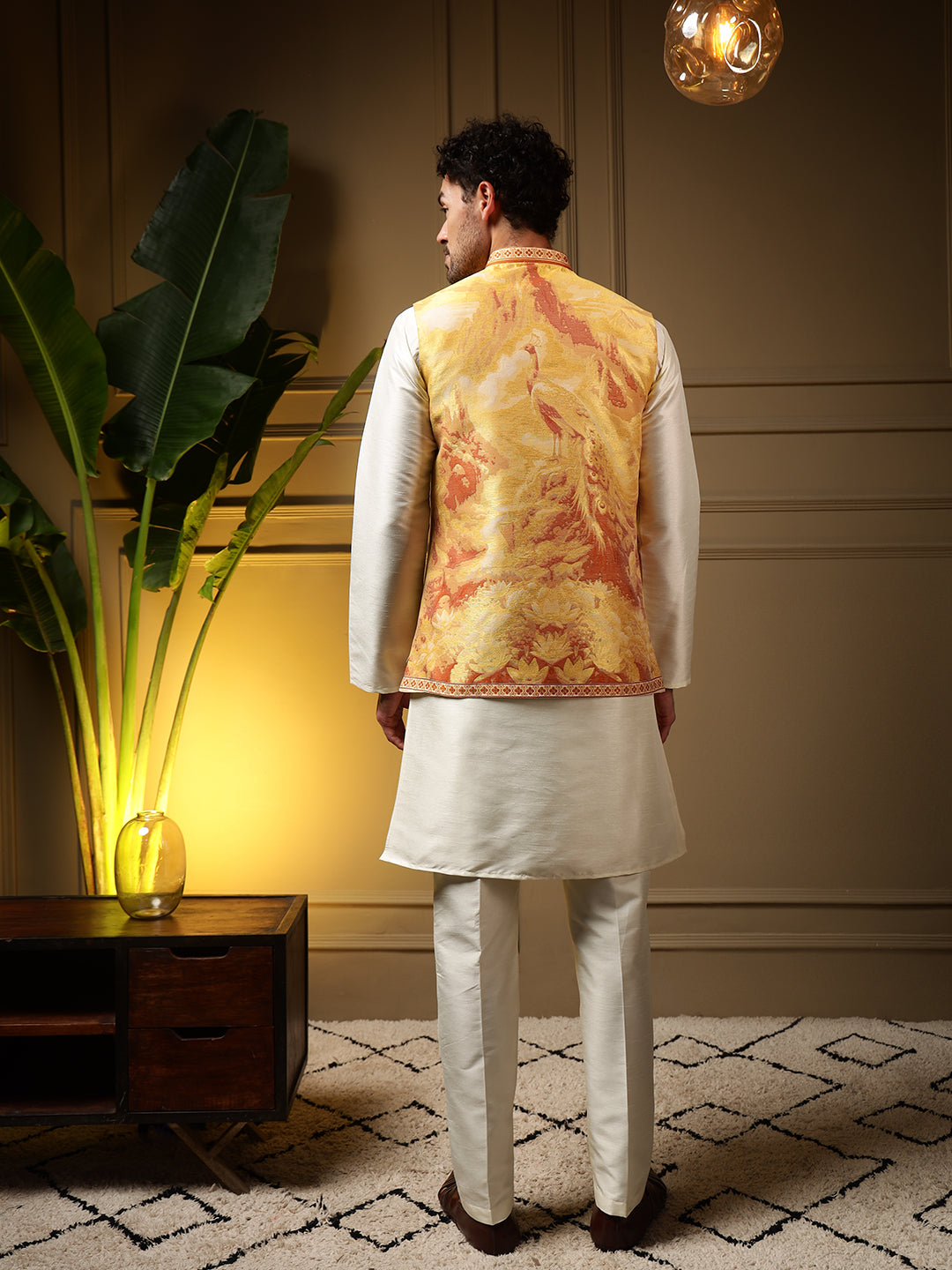 Men's Yellow Slub Silk Jacquard 3D Weaving Kurta Set with Koti