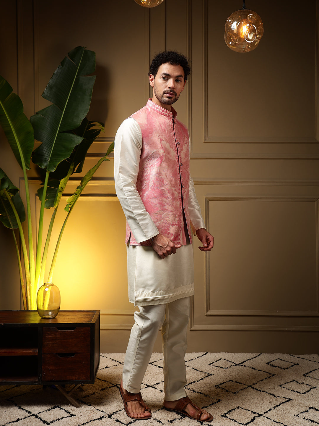 Men's Pink Slub Silk Jacquard Kurta Set with Koti Jacket