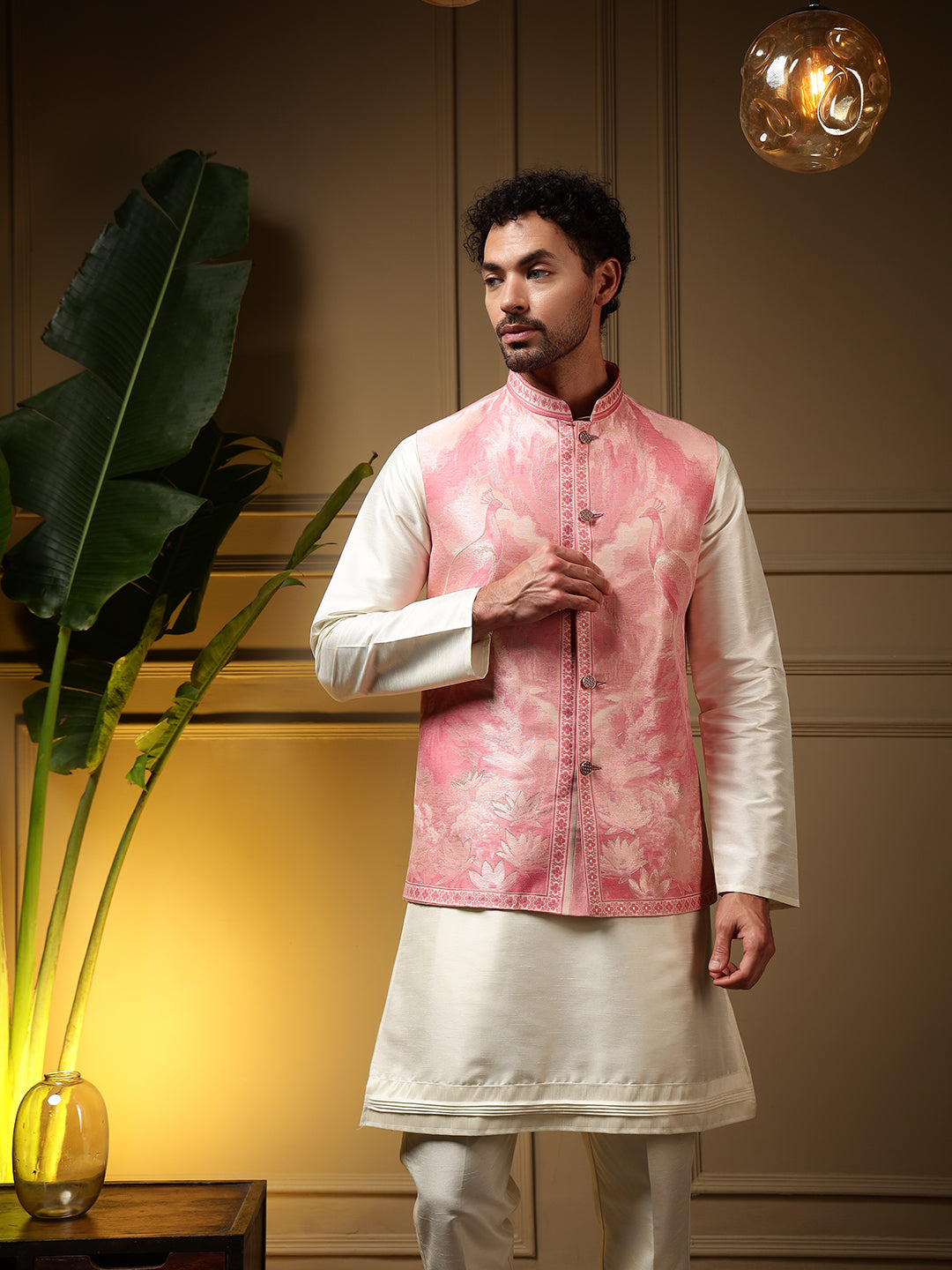 Men's Pink Slub Silk Jacquard Kurta Set with Koti Jacket