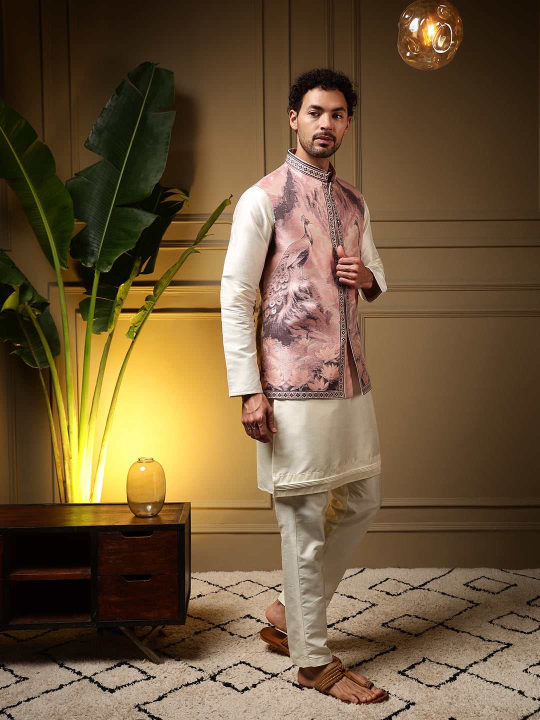 Men's Wine Slub Silk Jacquard Kurta Set with Koti - 3D Weaving