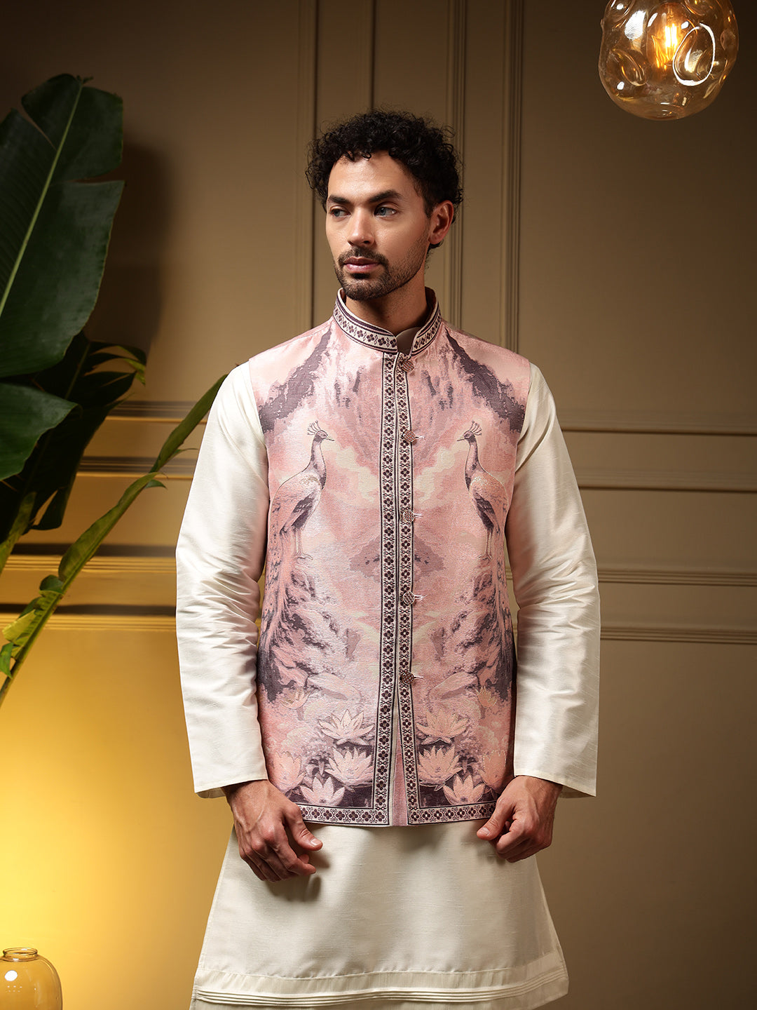 Men's Wine Slub Silk Jacquard Kurta Set with Koti - 3D Weaving