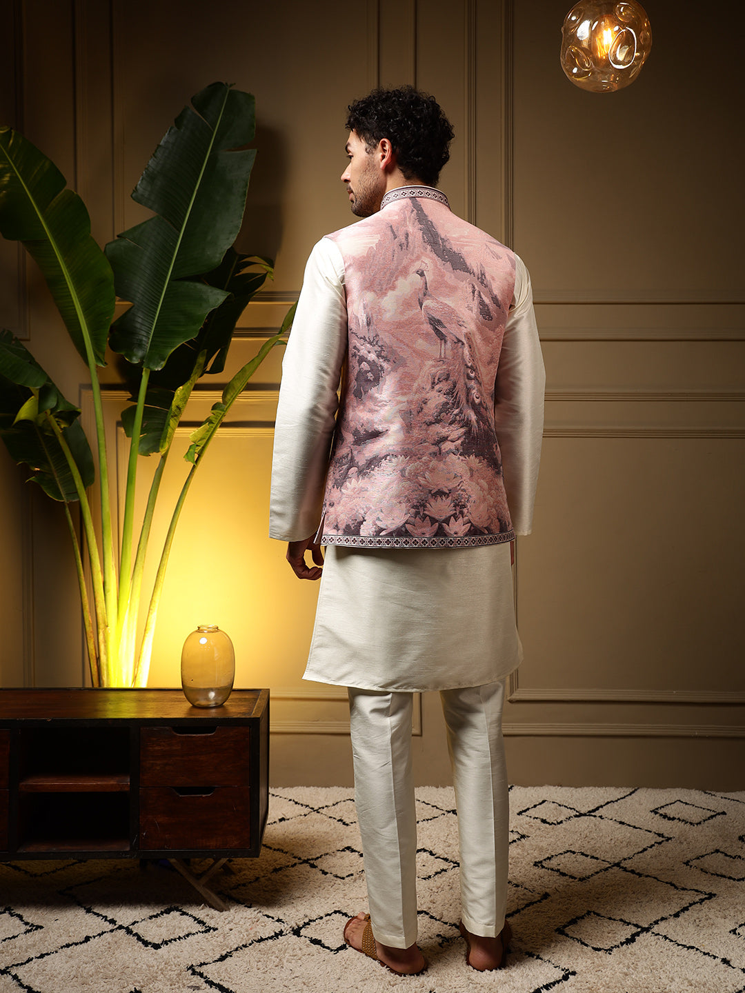 Men's Wine Slub Silk Jacquard Kurta Set with Koti - 3D Weaving