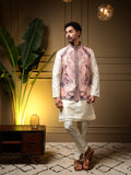 Men wearing a premium wine-colored slub silk jacquard kurta set with 3D weaving and a matching koti.
