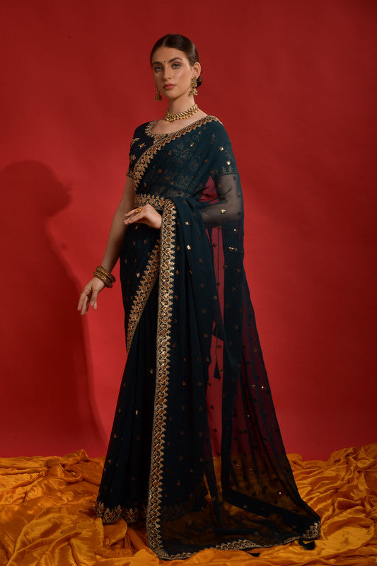 Teal Morpich Sequence Embroidery Chiffon Saree with Blouse