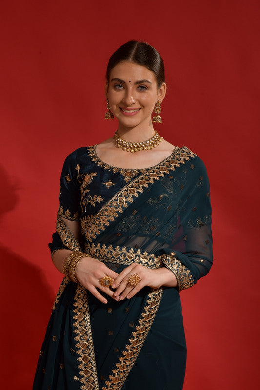 Teal Morpich Sequence Embroidery Chiffon Saree with Blouse