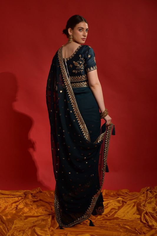 Teal Morpich Sequence Embroidery Chiffon Saree with Blouse