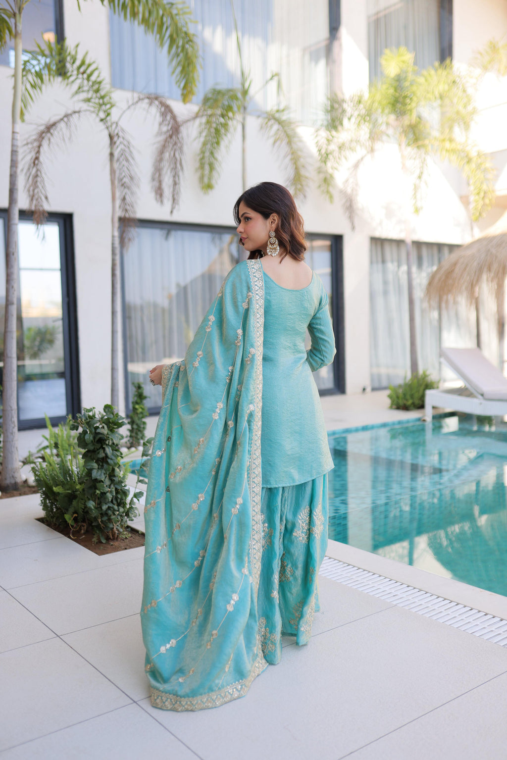 Sky Blue Fendy Crush Sharara Set with Sequins Zari Embroidery