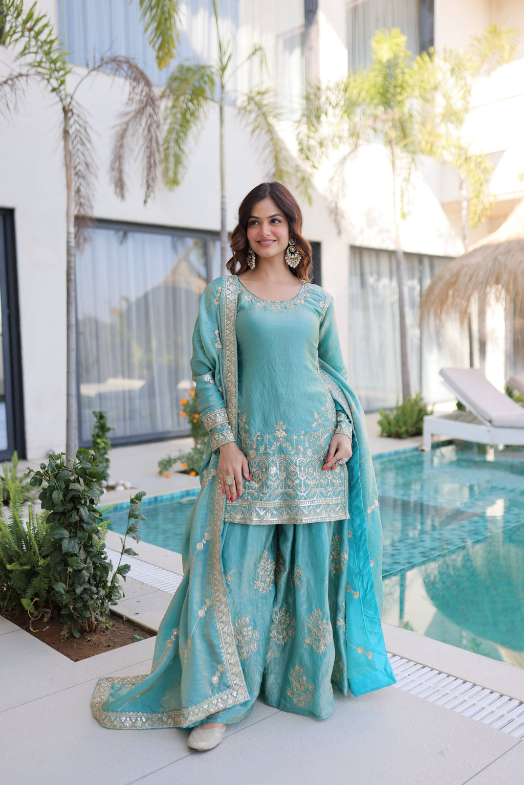 Sky Blue Fendy Crush Sharara set with sequins and zari embroidery, view of top and sharara pants