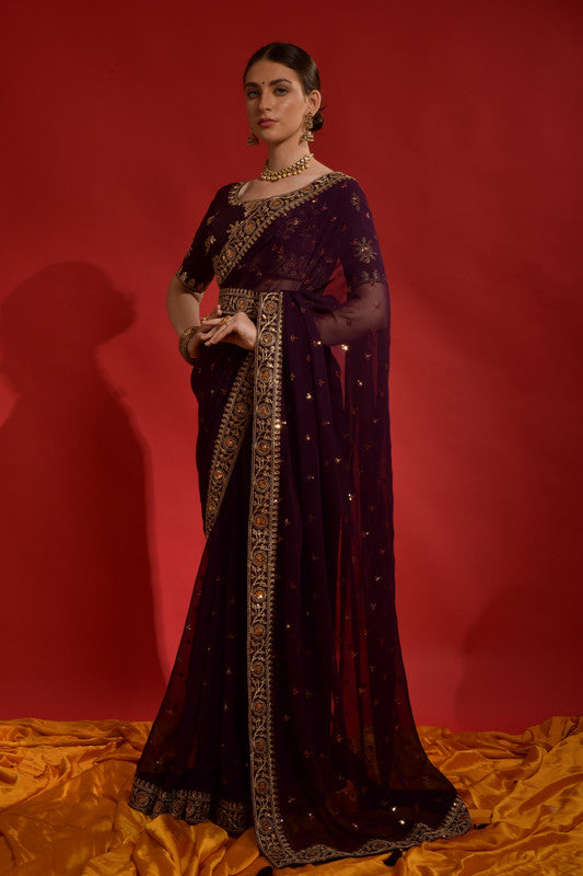 Wine Georgette Saree with Sequence Coding Embroidery and Blouse