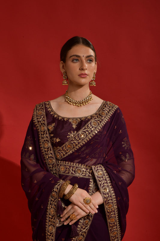 Wine Georgette Saree with Sequence Coding Embroidery and Blouse