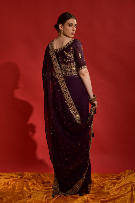 Wine Georgette Saree with Sequence Coding Embroidery and Blouse