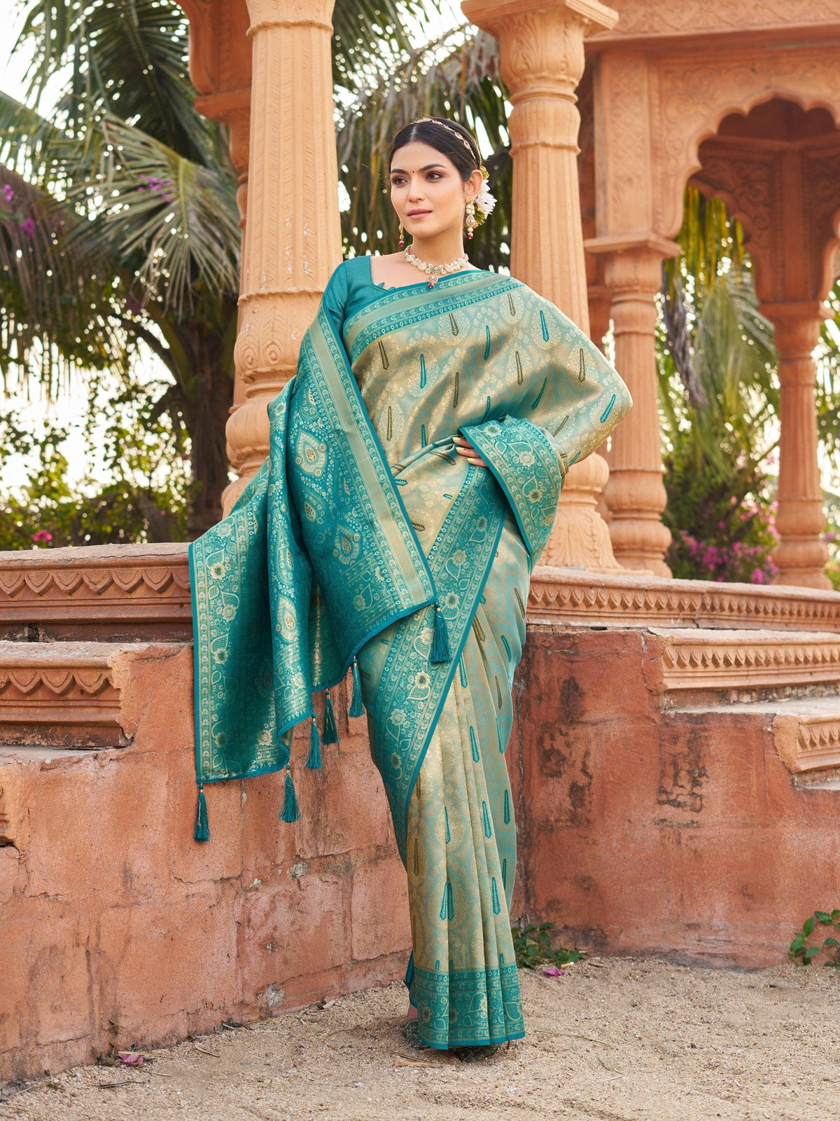Teal Soft Banarasi Silk Zari Woven Saree with Blouse