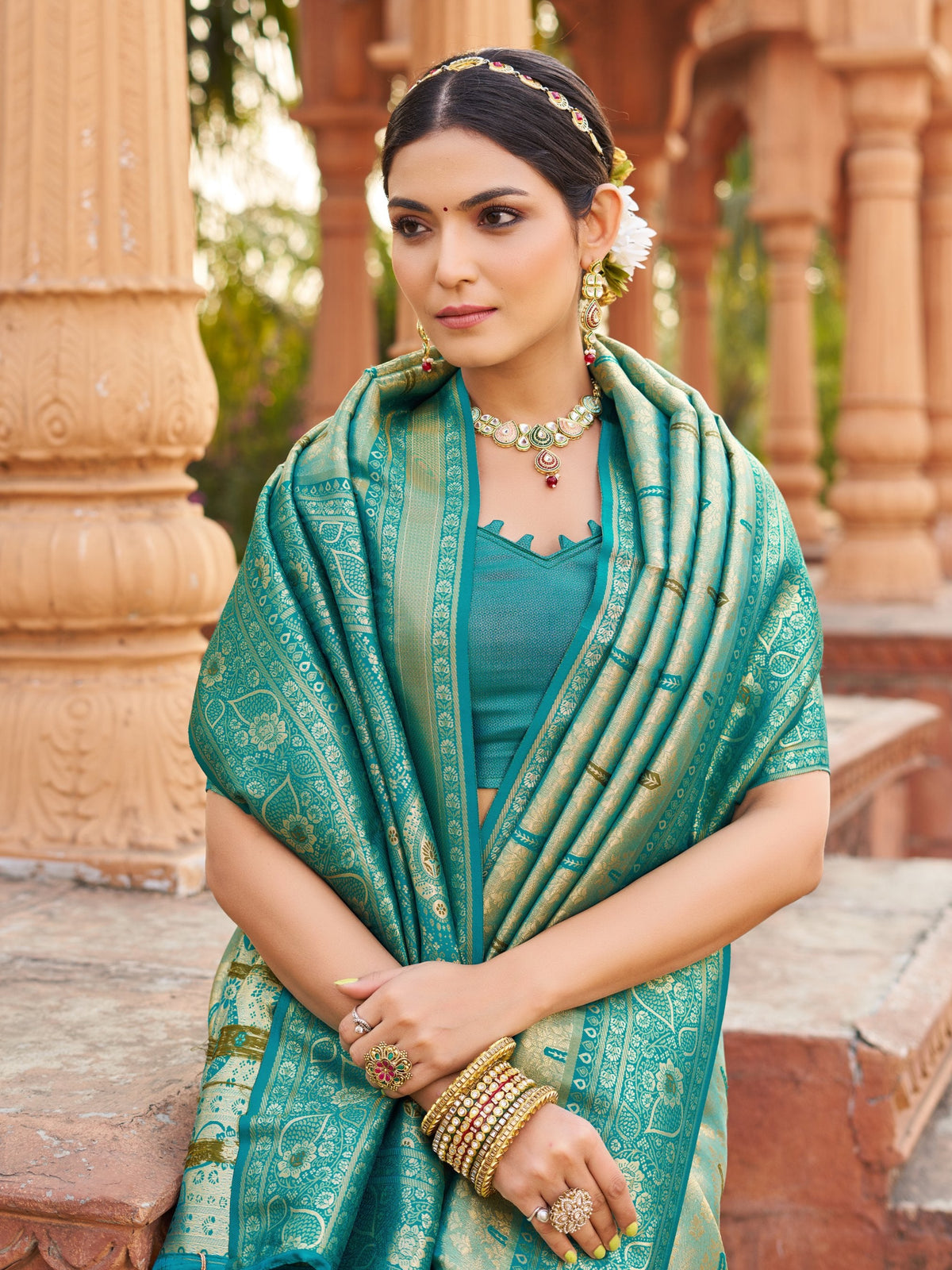 Teal Soft Banarasi Silk Zari Woven Saree with Blouse