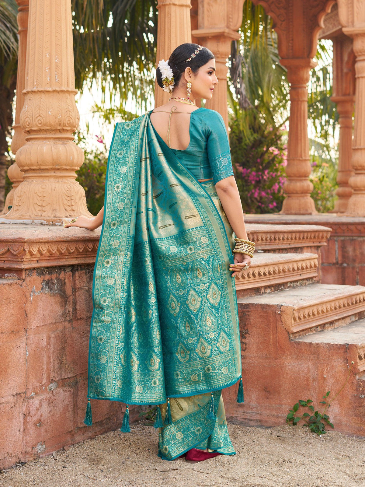 Teal Soft Banarasi Silk Zari Woven Saree with Blouse