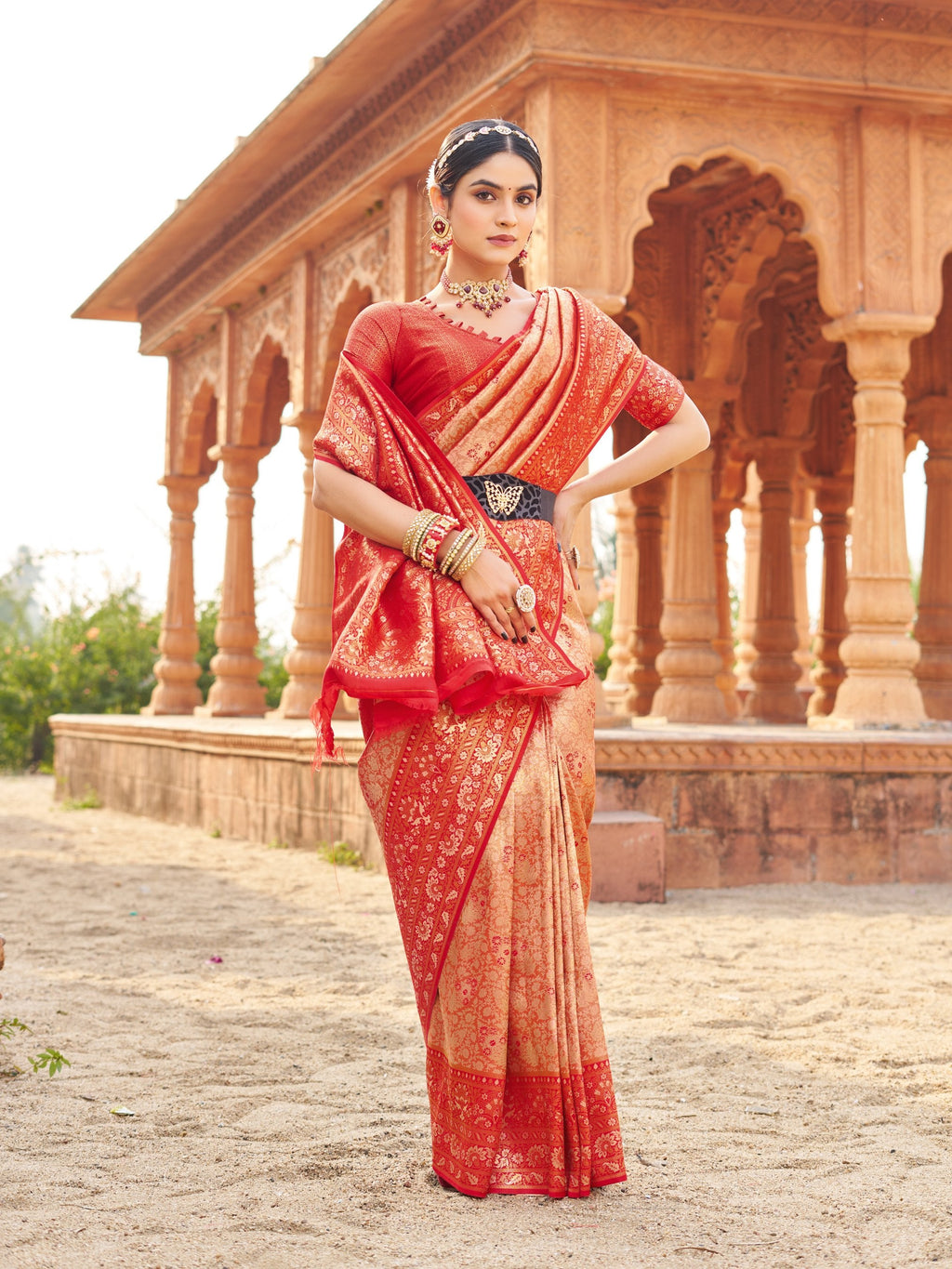 Peach Soft Banarasi Silk Zari Woven Saree with Blouse
