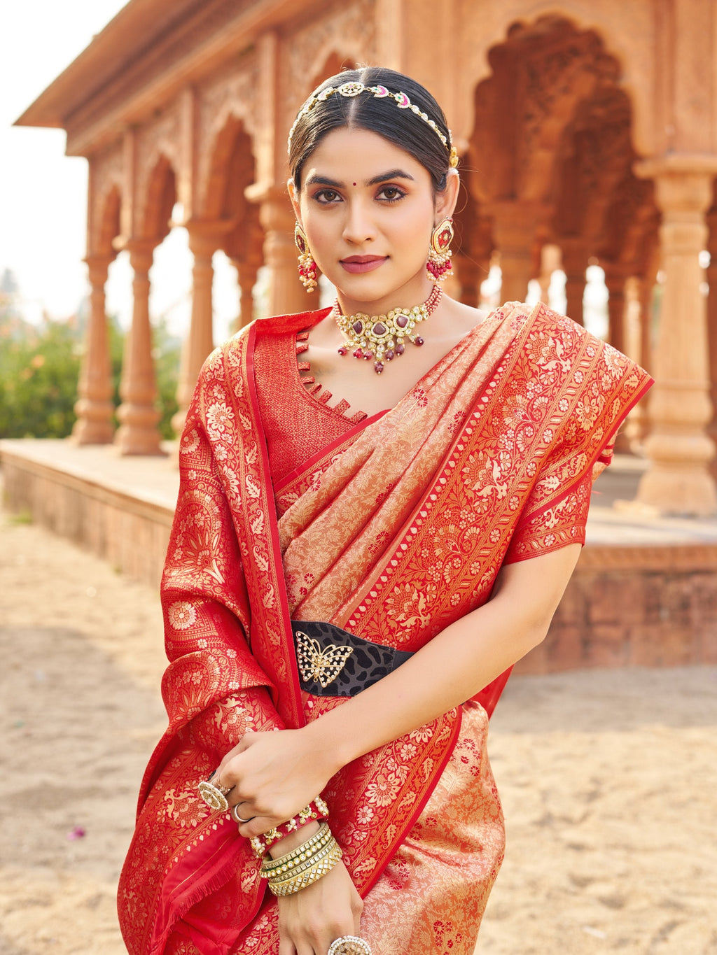 Peach Soft Banarasi Silk Zari Woven Saree with Blouse