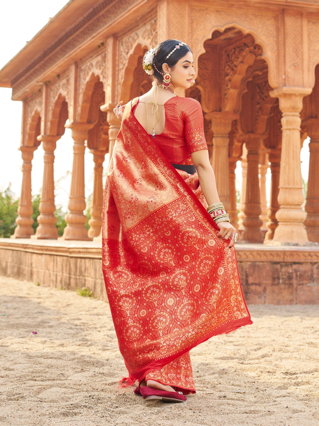 Peach Soft Banarasi Silk Zari Woven Saree with Blouse