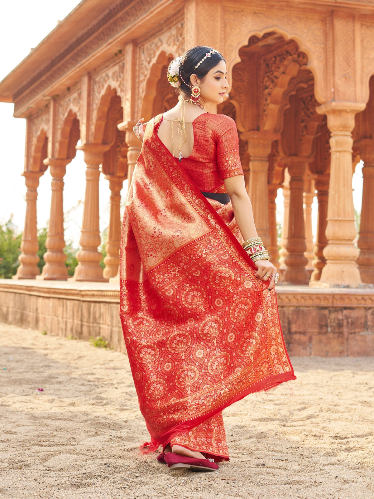 Peach Soft Banarasi Silk Zari Woven Saree with Blouse
