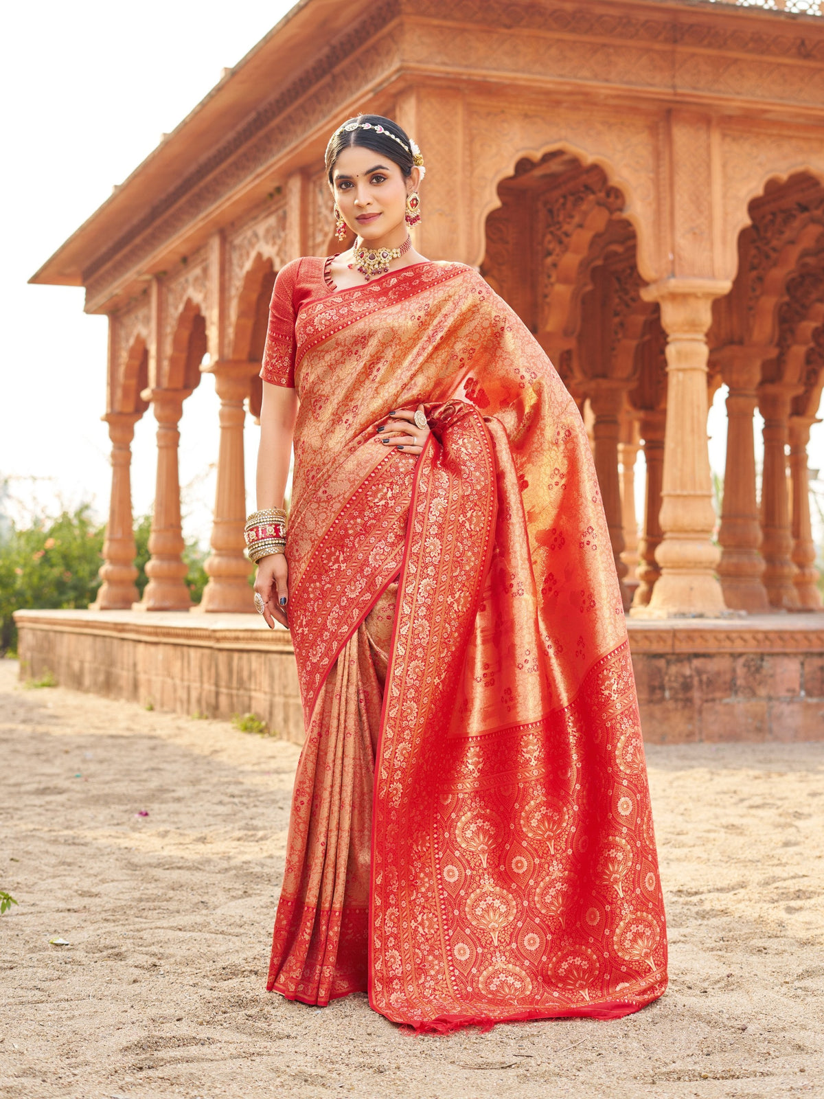 Peach Soft Banarasi Silk Zari Woven Saree with Blouse