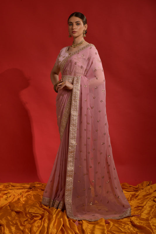 Peach Georgette Saree with Sequence Coding Embroidery and Blouse