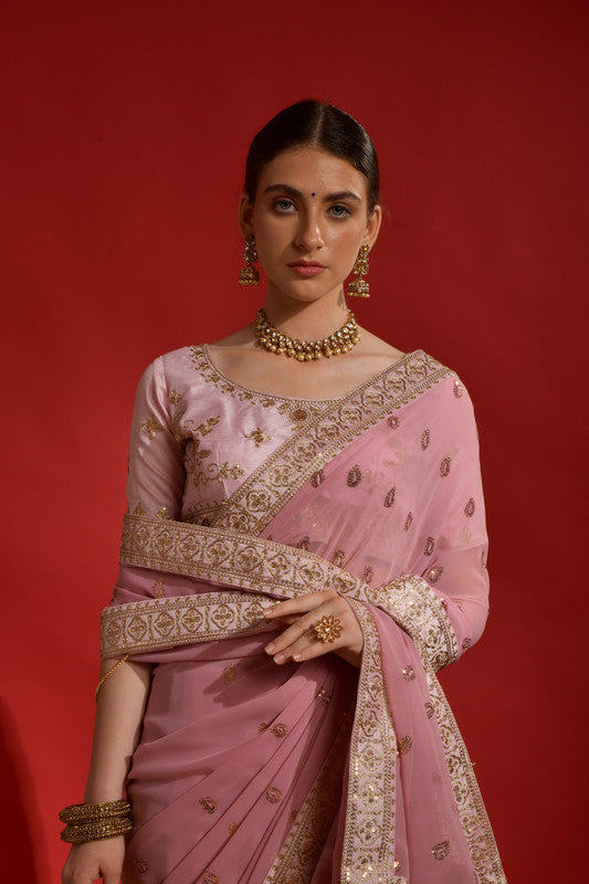 Peach Georgette Saree with Sequence Coding Embroidery and Blouse