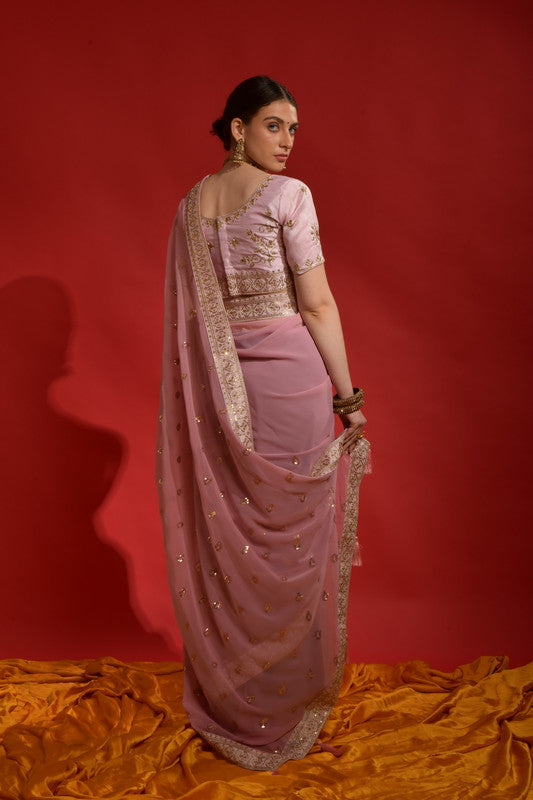 Peach Georgette Saree with Sequence Coding Embroidery and Blouse