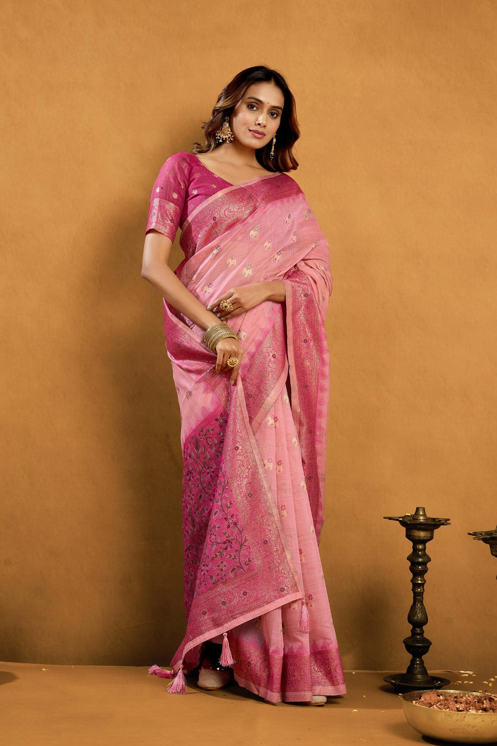 Pink Premium Spun Cotton Zari Woven Saree with Blouse