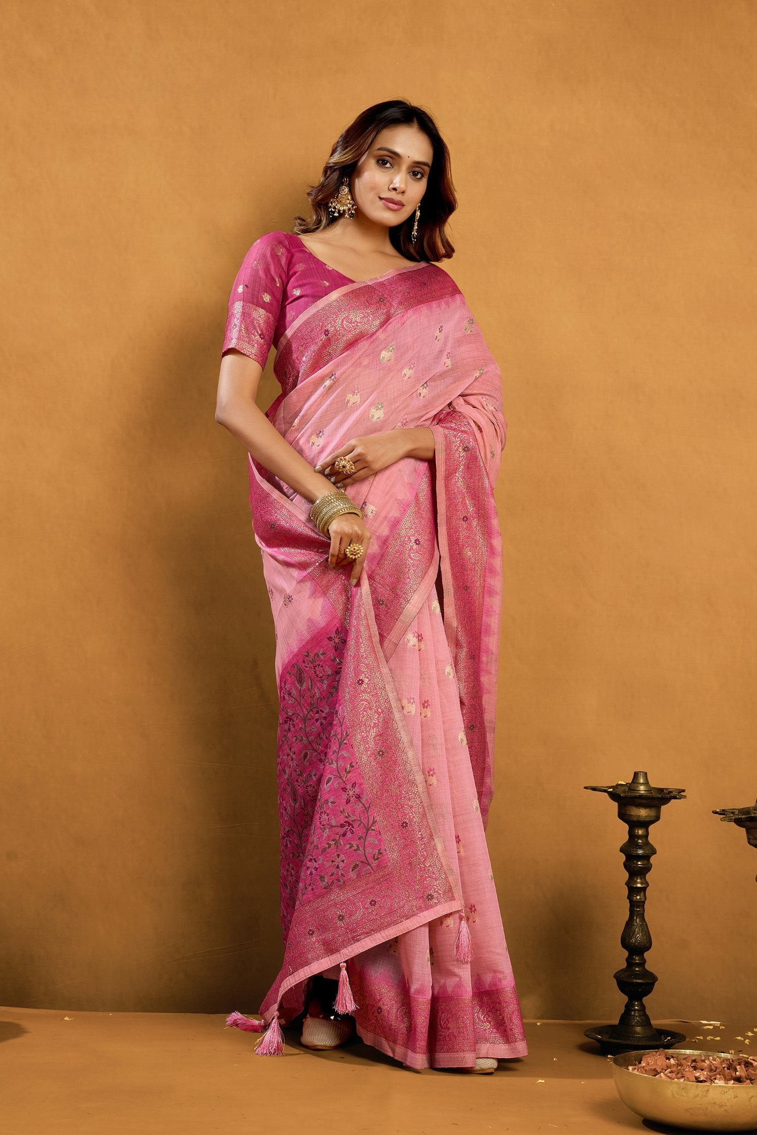 Pink Premium Spun Cotton Zari Woven Saree with Blouse
