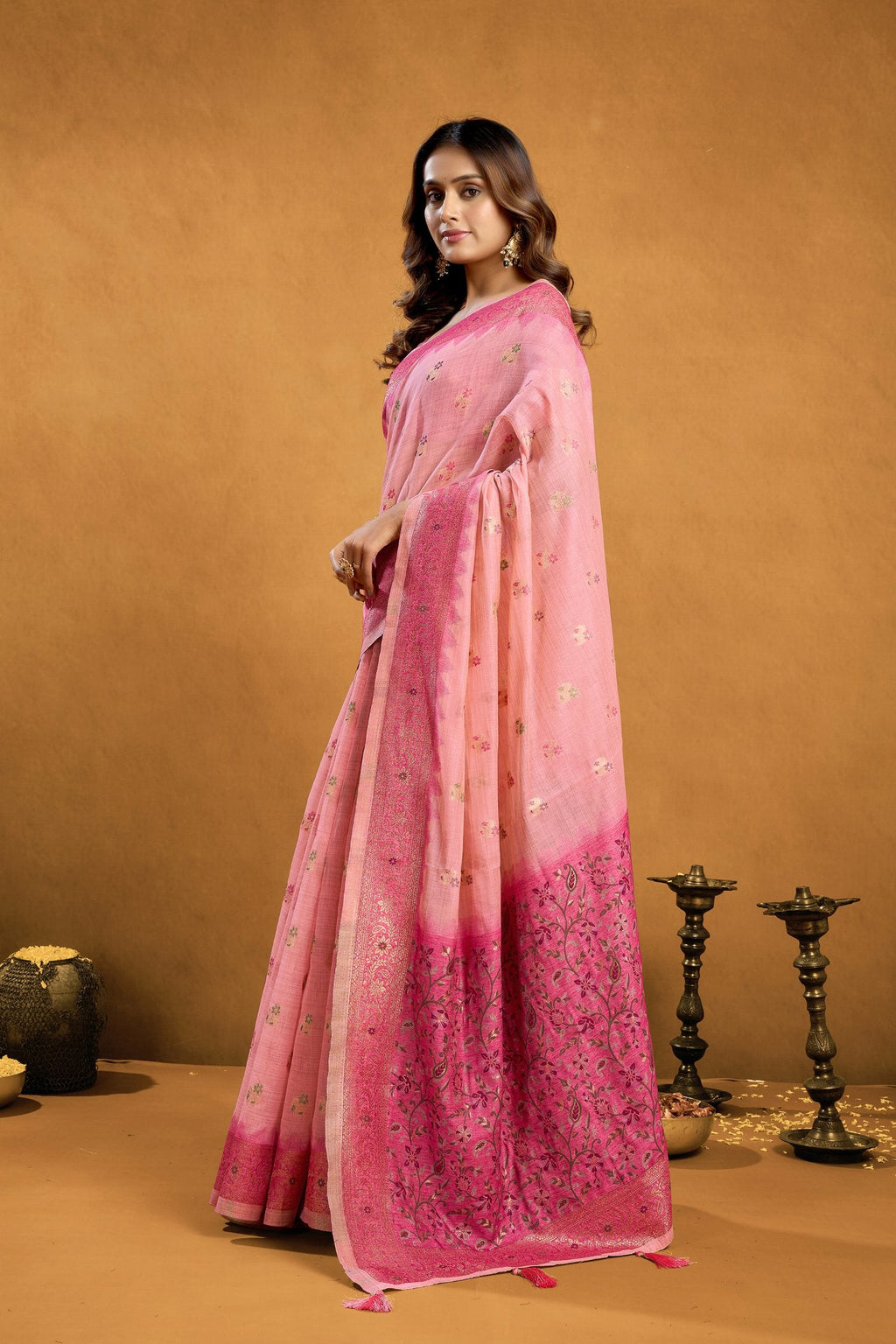 Pink Premium Spun Cotton Zari Woven Saree with Blouse