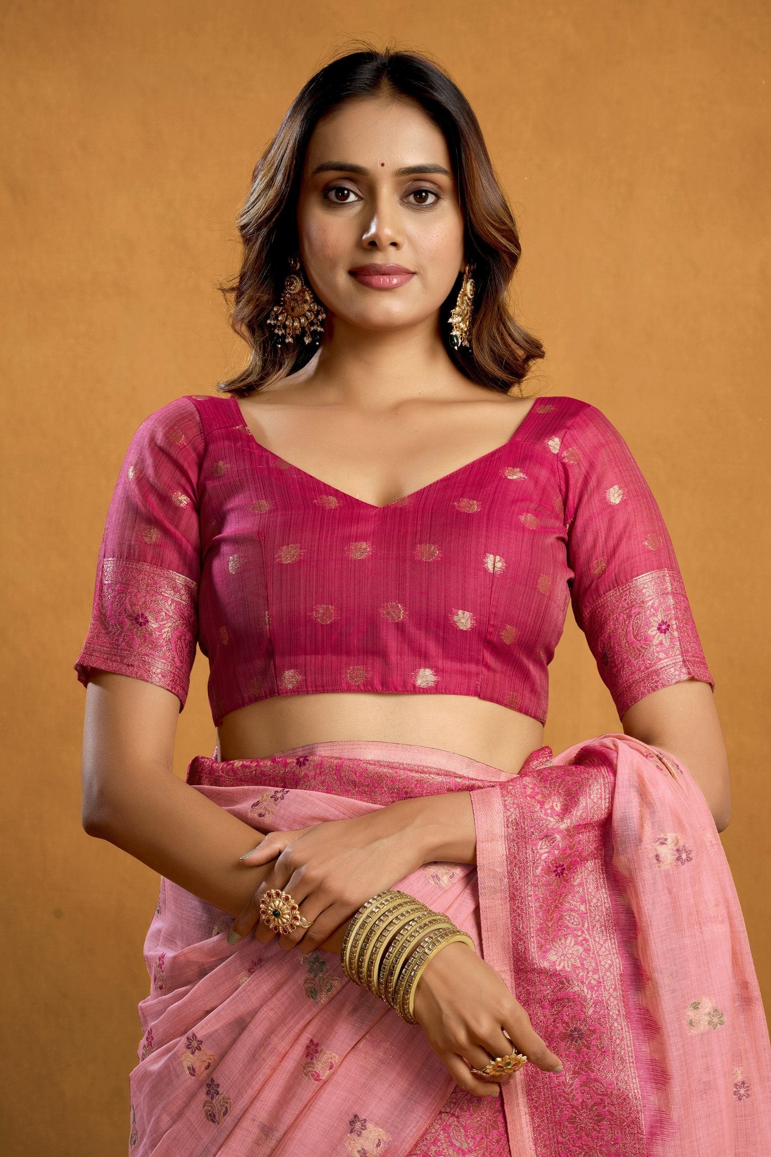Pink Premium Spun Cotton Zari Woven Saree with Blouse