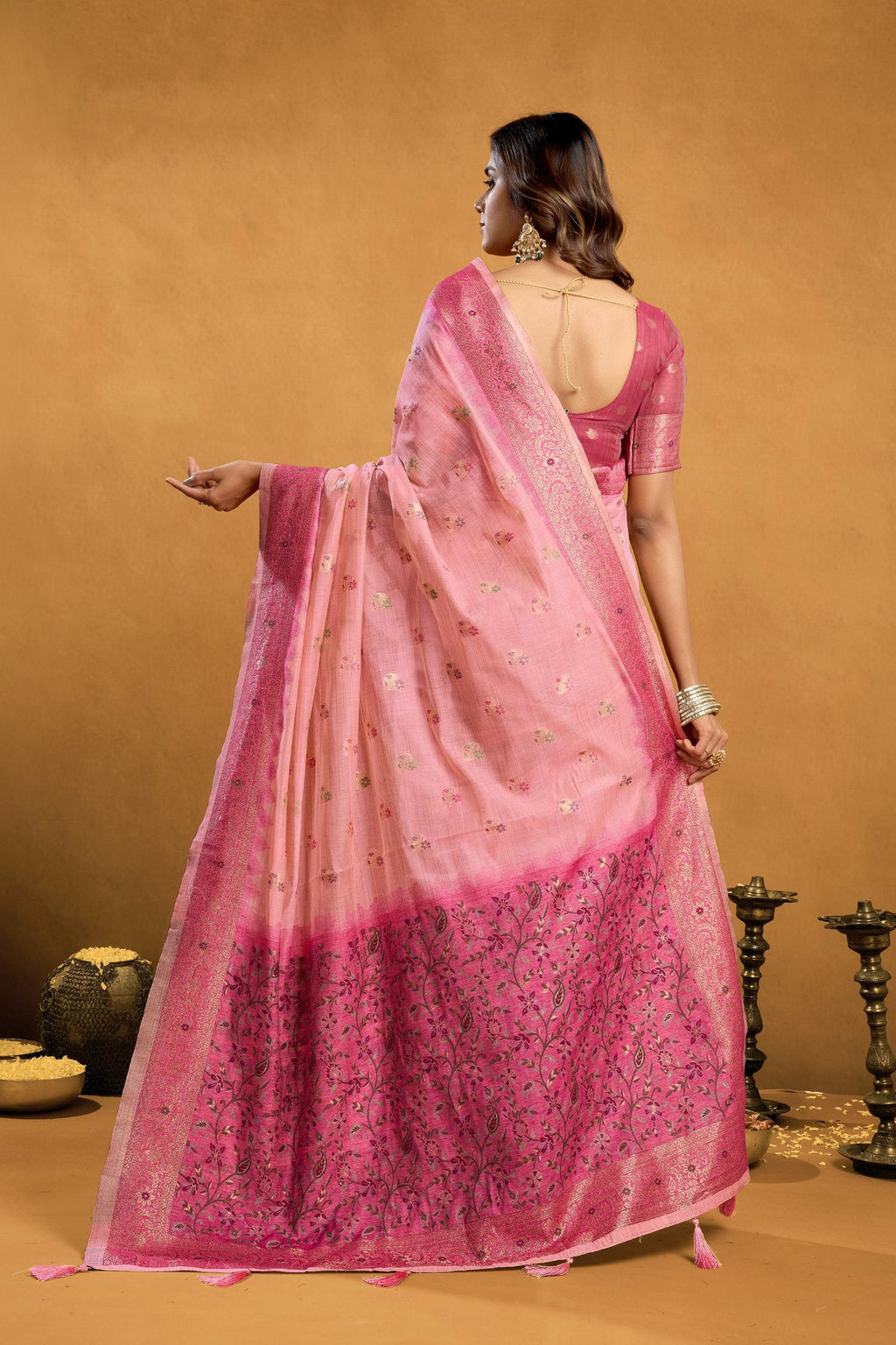 Pink Premium Spun Cotton Zari Woven Saree with Blouse