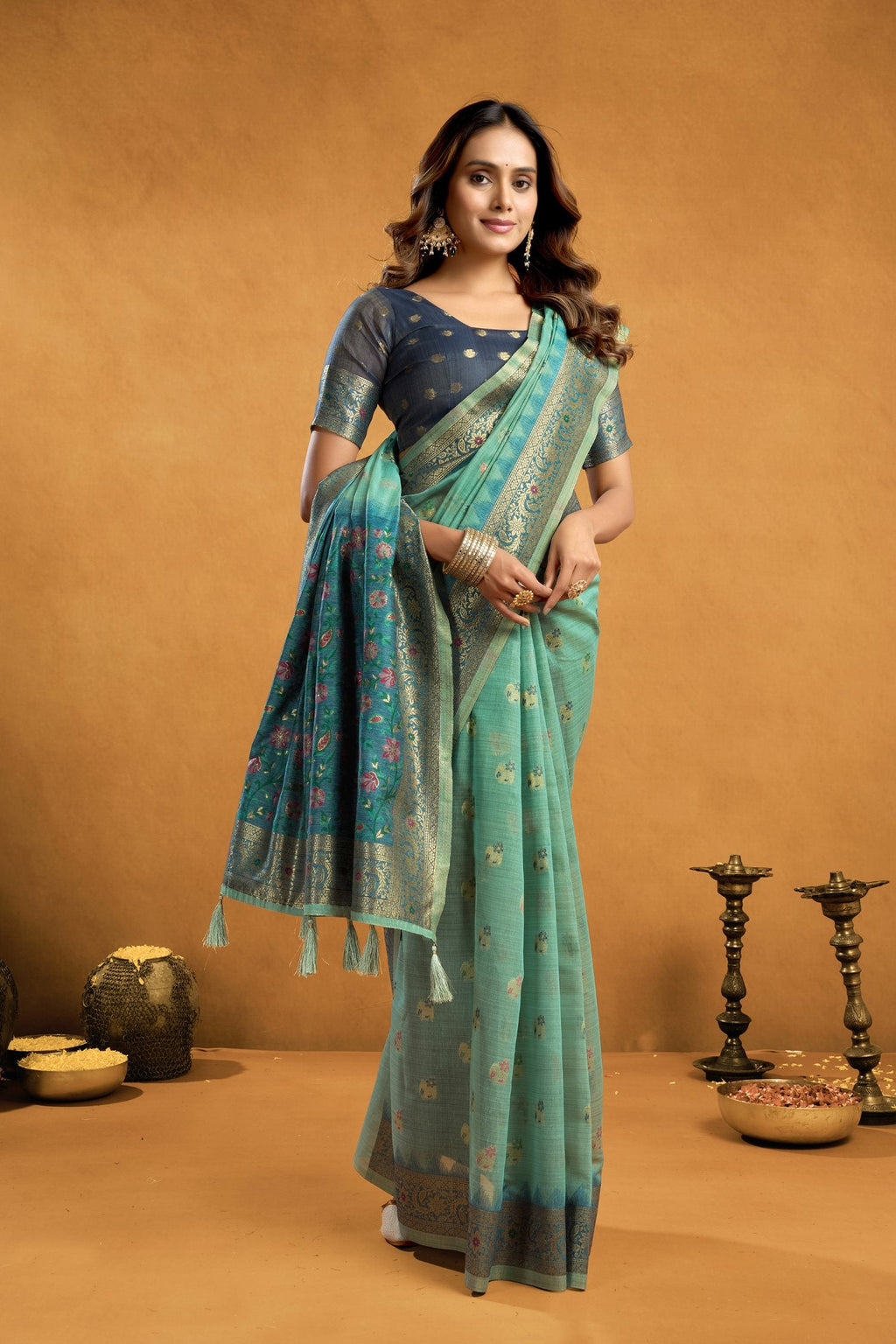 Turquoise Premium Spun Cotton Zari Woven Saree with Blouse